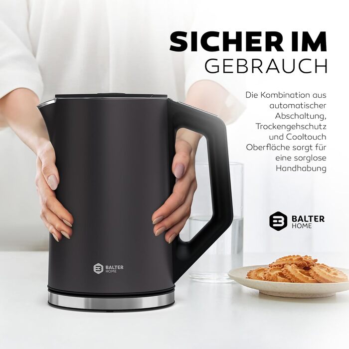 Електричний чайник BALTER з регулюванням температури, 1.5L, 2200W, білий (сірий), без BPA, подвійні стінки, бездротовий