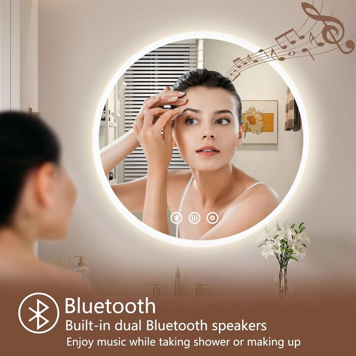 Дзеркало для ванної кімнати Habison з підсвічуванням 70x70 см LED, з годинником, сенсорним вимикачем, регулюванням яскравості, протизапобіжним покриттям, 3-кратним збільшенням, Bluetooth