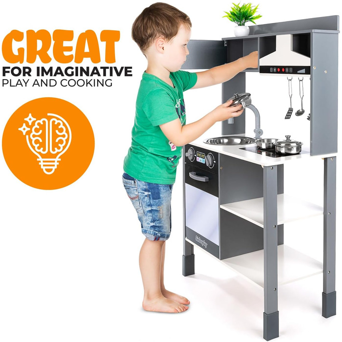 Дерев'яна дитяча кухня Kinderplay з LED та звуками приготування їжі, регульована висота 92–107 см, іграшкова кухня для ролевих ігор від 3 років, повний комплект з аксесуарами, світло-сірий (Modern - Grau)