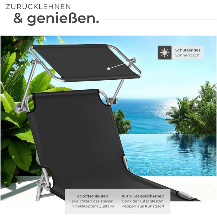 Шезлонг Tectake для саду з сонцезахистом, розкладний, для балкону/тераси, з регульованою спинкою, пляжний, до 110 кг, сірий