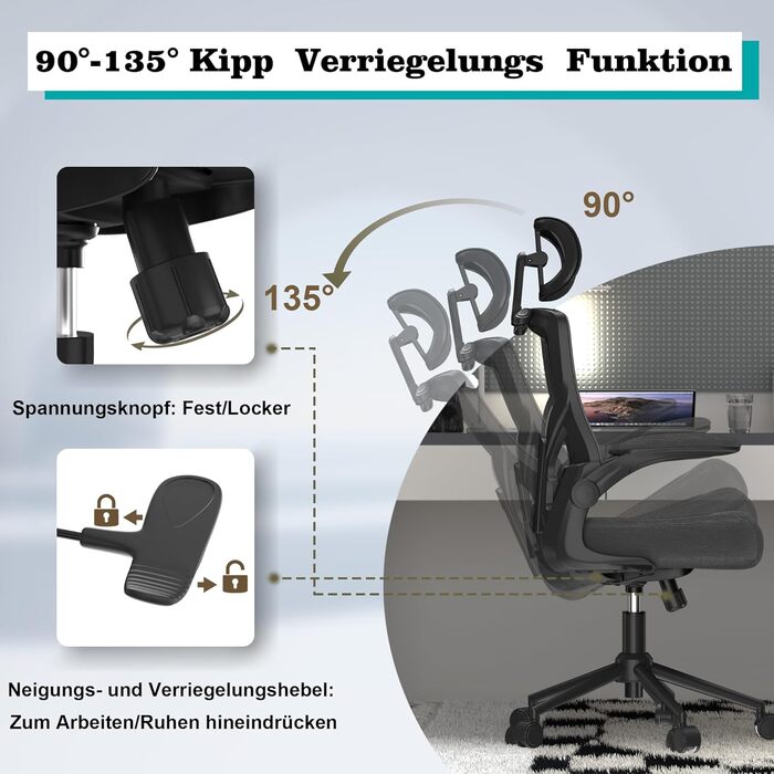 Ергономічне крісло для офісу з регульованою підголівником та поперековою підтримкою – високе офісне крісло з сітчастою спинкою та м'яким сидінням, вішалка для одягу та функцією блокування (Чорний)