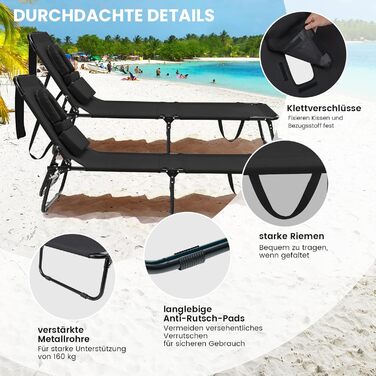 Лежак для відпочинку Costway з отвором для обличчя, розкладний, з 3 знімними подушками та регульованою спинкою, для саду та басейну (Чорний)