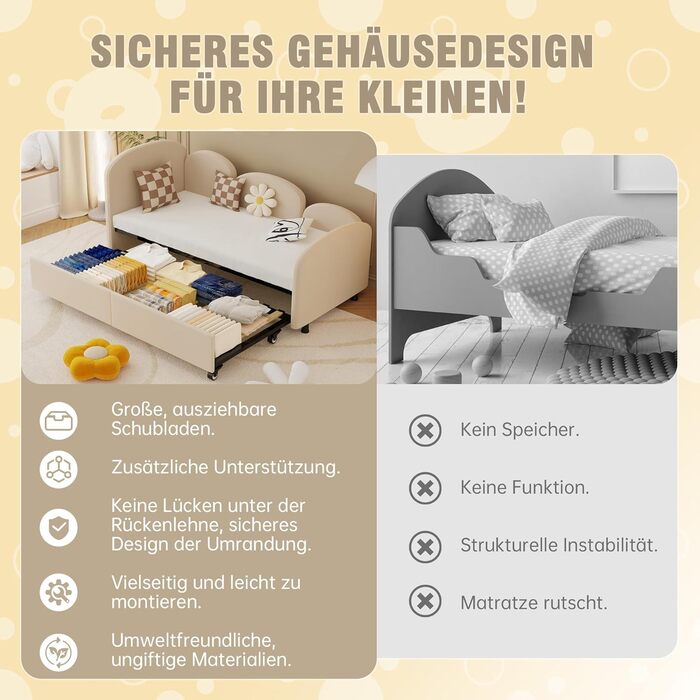 Дитяче ліжко-табурет 90x200 з висувним спальним місцем, ліжко-диван для підлітків, каркас без матраца, велюр, бежевий