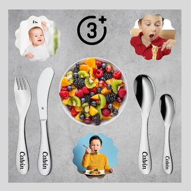 Дитячий столовий прилад WMF Kinderbesteck з гравіюванням імені - персоналізований столовий прилад - індивідуальний хрещення подарунок - для хлопчика/дівчинки - набір з 4 предметів (Knuddel)