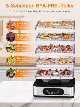 Електрична сушарка для продуктів FOHERE з нержавіючої сталі, 5 ящиків, LED-дисплей, 420W, 35-70°C, таймер 48h, для їжі, грибів, фруктів, м'яса, риби, овочів, без BPA