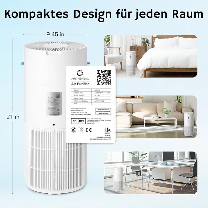 Повітряочищувач та зволожувач Airthereal AEH300: 2-в-1 для приміщень до 125 м², 3-ступенева фільтрація, індикатор якості повітря, нічний режим, автоматичне зволоження