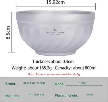 Титанові миски iBasingo з подвійними стінками 500мл та 800мл: для вівсянки, їжі, рису, супу. Легкі, портативні, металеві миски для кемпінгу та відпочинку на природі. Модель Ti1169t