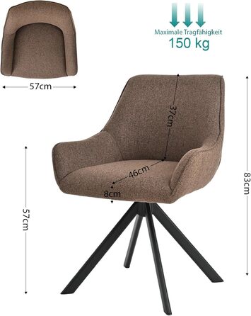 Обідні крісла поворотні 6 шт. з підлокітниками – 360° обертання, м'яке крісло з льону, сучасний поворотний стіл для кухні з металевим каркасом та спинкою для їдальні, вітальні, офісу, коричневий. 6 шт.