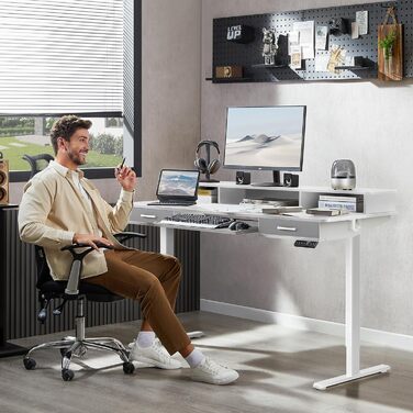 Регульований за висотою стіл WALKINGDESK з електроприводом, 160x60 см. Стіл для дому та офісу з висувними ящиками та підставкою для клавіатури, білий