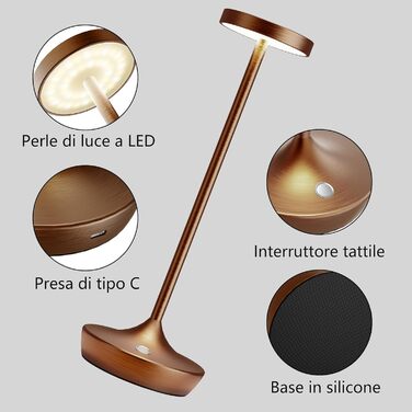 LED настільна лампа бездротова з димуванням, 3 кольори, 6000 mAh, IP54, для дому та кемпінгу (кава)