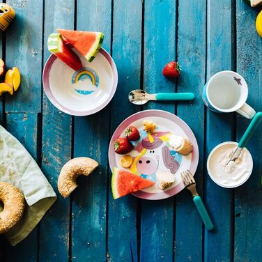 Набір дитячого посуду BIOZOYG з порцеляни (3 шт.): тарілка, чашка, миска з єдинорогом. Безпечний для миття в посудомийній машині. Ідеальний подарунок для дітей!