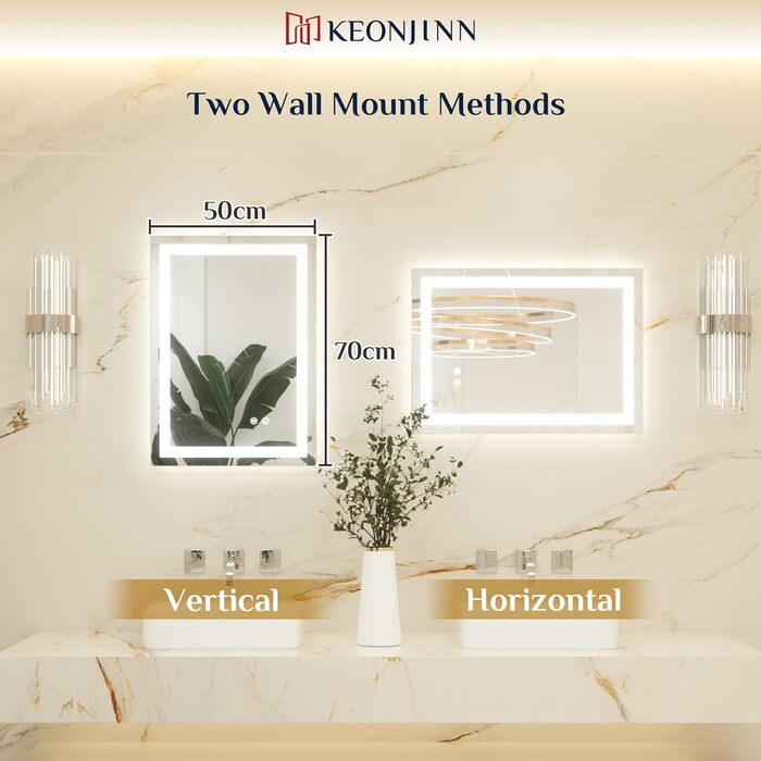 Дзеркало для ванної кімнати Keonjinn з підсвічуванням 50x70 см, без рами, LED, сенсорне управління, 3 кольори, диммування, пам'ять, протизапотівання