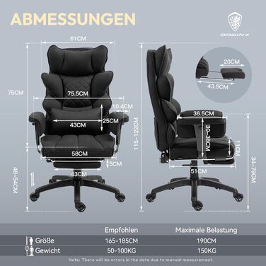 Ігровий крісло Dowinx, ергономічний офісний крісло з кишеньковим пружинним сидінням, крісло для начальника з подвійною м'якою спинкою та регульованою поперековою подушкою, підлокітниками та підставкою для ніг (Чорний, тканина)