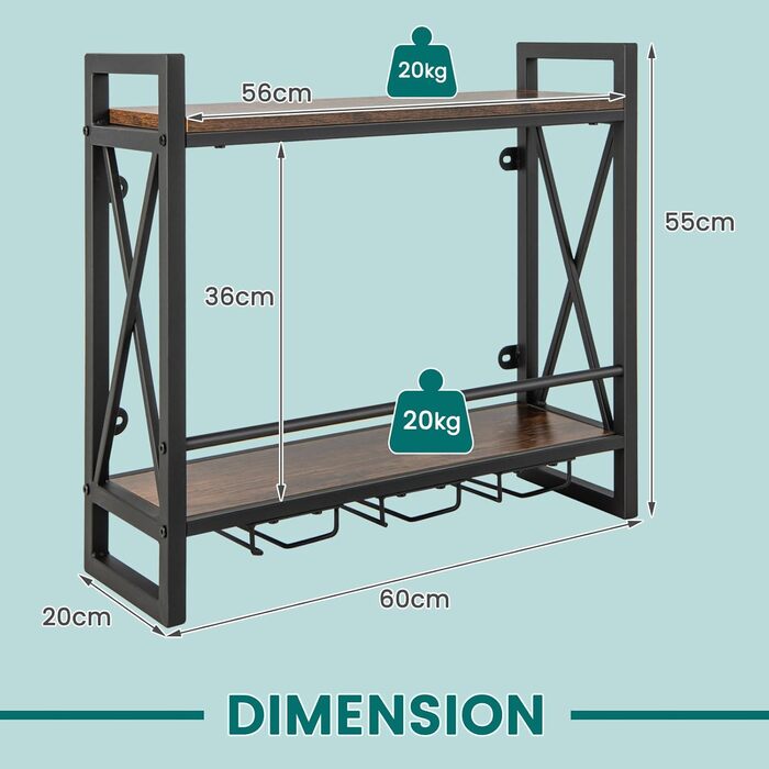 Стильна полиця для вина Komfotteu на стіну, дерев'яна з металевим каркасом, з тримачем для келихів, 60 x 20 x 55 см