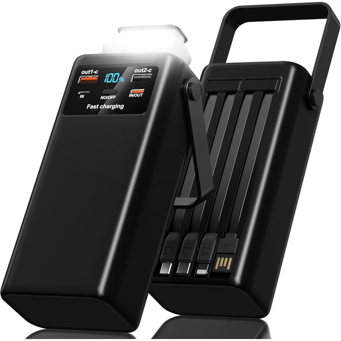 Портативний зарядний акумулятор 60000mAh 45W з LED-дисплеєм та ліхтариком, 7 виходів, чорний. Powerbank для кемпінгу та подорожей