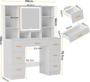 Дзеркальний туалетний столик Belife з підсвічуванням та 7 висувними ящиками, розеткою та 3 кольорами світла для спальні V5