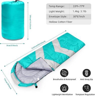 Спальний мішок Zusentee 3-4 сезони для кемпінгу на відкритому повітрі Теплий одномісний дорослий водонепроникний легкий ультралегкий спальний мішок для дорослих Діти Кемпінг Піші прогулянки, подорожі (Sea Blue)
