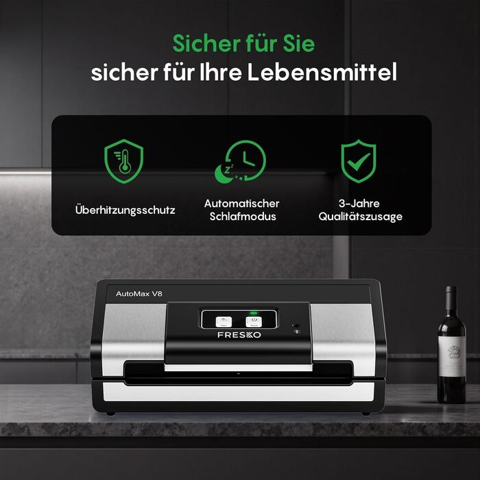 Вакууматор FRESKO Automatik для продуктів: автоматичний вакуумний пакувальник з турбо-потужністю 18л/хв, керування однією кнопкою, комплект з 2 рулонами для пакетів