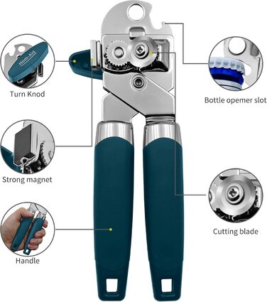 Ручний відкривач консерв з магнітом, багатофункціональний, з відкривачем для пляшок, з нержавіючої сталі, зручна ручка (блакитний)