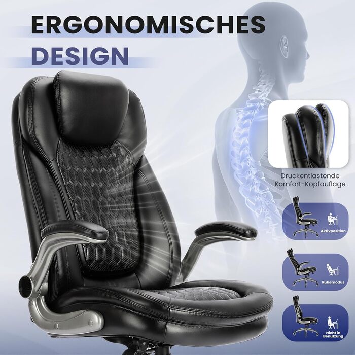 Крісло шеф COLAMY з дихаючої шкіри – ергономічне офісне крісло з пружинним блоком, відкидними підлокітниками та тихими роликами для дому та офісу, чорне