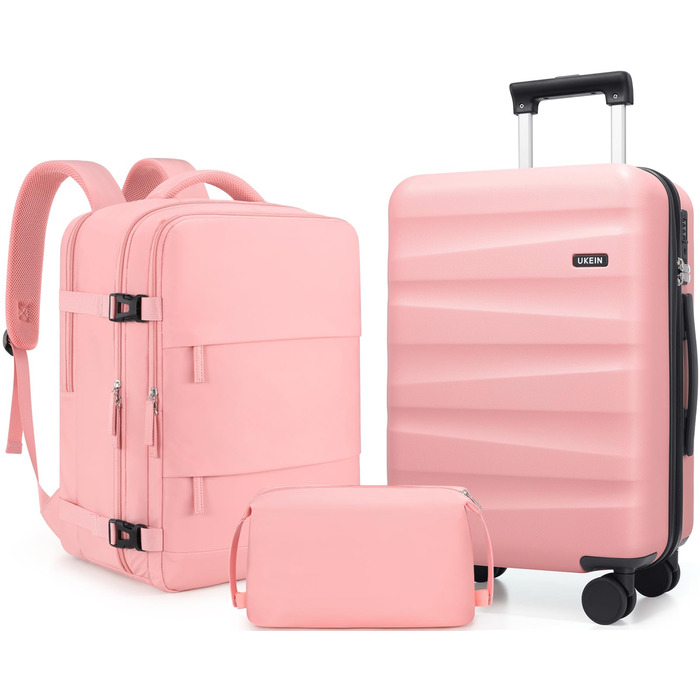 Набір валіз з рюкзаком UKEIN: рожевий, 3 шт. (20 дюймів), з полікарбонату, з TSA-замком, з обертовими колесами, сумісний з авіакомпаніями