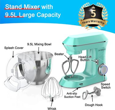 Кухонна машина 9.5л з планетарним міксером, 1500W, DOBBOR, з набором насадок (міксер, гак для тіста, вінчик), 7 швидкостей, синій колір