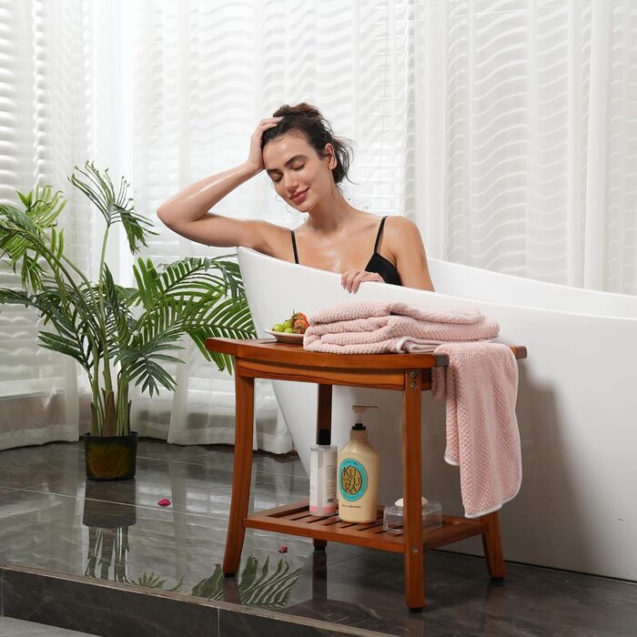 Трон для душу Utoplike з місцем для зберігання, дерев'яний табурет у ванну кімнату з ручками, коричневий, з текового дерева