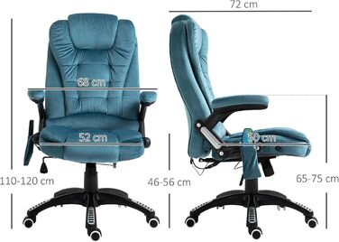 Крісло офісне Vinsetto з масажем, підігрівом, регулюванням нахилу та функцією лежання, блакитне, з кишенькою, з велюру, для офісу та дому