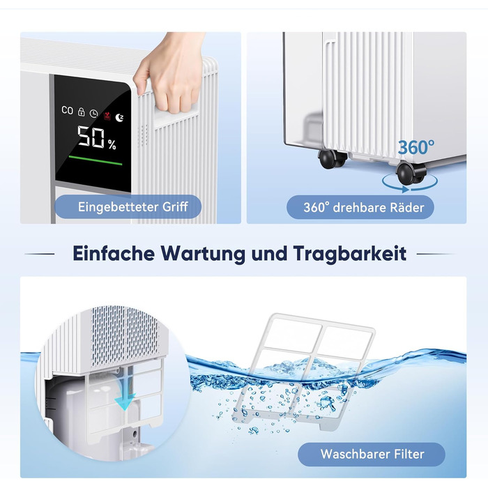 Електричний осушувач повітря Fwoueot 16L/24h для дому: осушувач з компресором, 16л/24г, для приміщень до 45м², автоматичне відтанення, 3 режими, таймер 24г, великий бак 2л, з колесами, для спальні