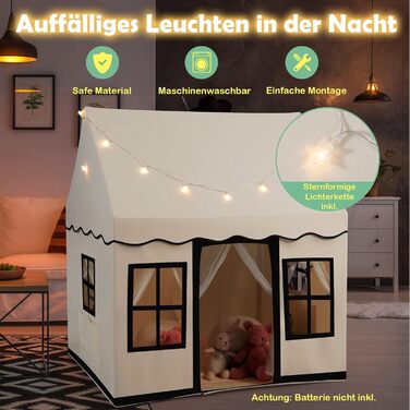 Дитячий намет DREAMADE з гірляндою та килимком, намет Тіпі, дитячий будиночок з вікнами, намет для хлопчиків та дівчаток, для дому та вулиці (Бежевий + Чорний)