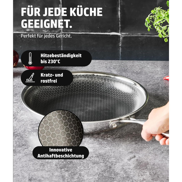 Сковорода HENSSELERS® 28 см - універсальна для всіх типів плит, антипригарне покриття у вигляді сот, індукційна, стійка до подряпин та порізів