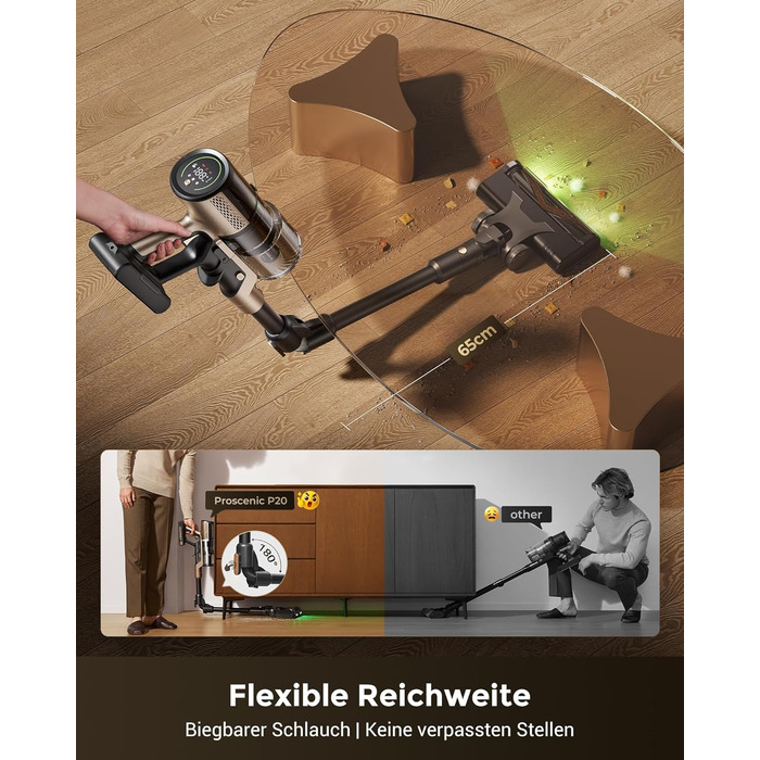 Proscenic P20: Акумуляторний пилосос 2-в-1 з функцією вологого прибирання, 70 кПа, 70 хв, 680 Вт, чорний. Для килимів та шерсті тварин
