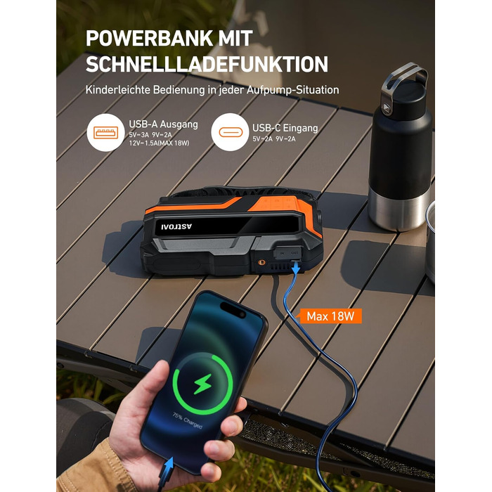Powerbank AstroAI MF16 6000A з компресором 150PSI: старт для авто, мото, SUV (12V, 10L бензин/8L дизель), LED-дисплей, помаранчевий