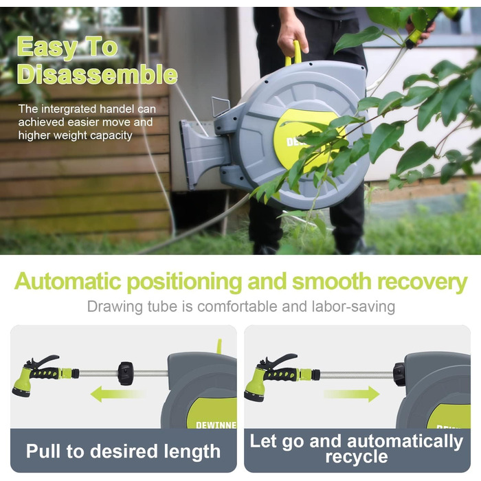 DEWINNER Тромбель для садового шланга 20+2 м, автоматичний, настінний, з ручною пістолетом, 7 функцій, для великих садів