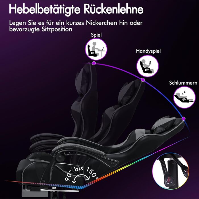 Ігровий крісло ALFORDSON з підніжкою, масажем та регулюванням на 150°, чорний (серія Eryx)