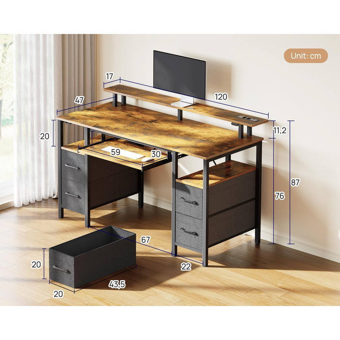 Ігровий стіл Seventable з LED підсвіткою, розетками та USB портами, шухлядами, підставкою для клавіатури та монітора (120x47x87 см, вінтажний коричневий)