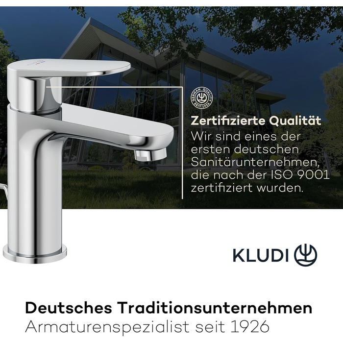 Змішувач для умивальника KLUDI-X1 низького тиску, висота виливу 95 мм, водозберігаючий, розмір M, з керамічним картриджем, хром, з 3 штуцерами (для бойлера), для ванної кімнати