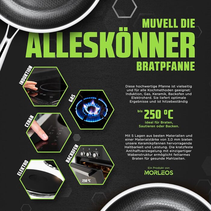 Сковорода Morleos з керамічним покриттям 32 см без PFAS та PTFE | Сковорода-пательня з стільниковою структурою | 5-шарова, 3 мм, 1,67 кг | Преміум-якість для індукційних плит | Антипригарна, для духовки та посудомийної машини