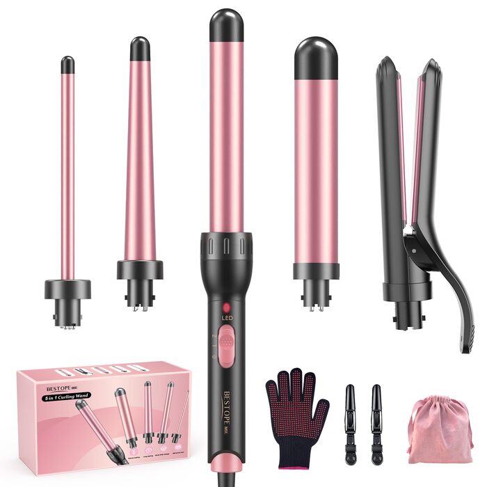 Набір для завивки та випрямлення волосся BESTOPE MIX 5-в-1 з насадками для великих та маленьких локонів, 10-32 мм, швидкий нагрів, 2 температурні режими, рожевий