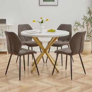 Набір обіднього столу та стільців GrandCA HOME: круглий стіл 100 см + 4 сучасні стільці з льону, сіро-темний колір (мрамор + чорний)