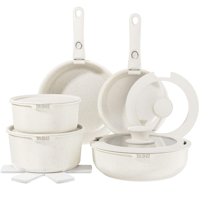 Набір кухонного посуду YASHE 15 предметів: каструлі та сковорідки з гранітно-покриттям, знімні ручки, стакеві, легко миються, сумісні з індукцією, газом та склокерамікою, білий