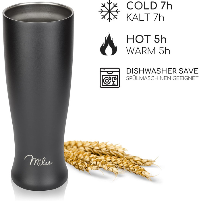 Термокухоль для пива Milu Weizenbierglas з нержавіючої сталі з кришкою, 500 мл, чорний - подарунок для чоловіків