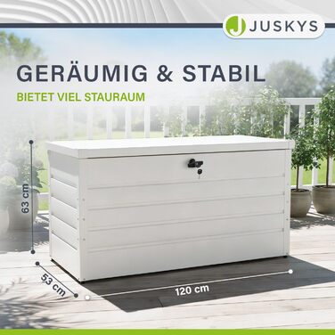 Ящик для зберігання вуличний Juskys Metall Limani 380л - водонепроникний, з замком - для саду, подушок, меблів (білий)