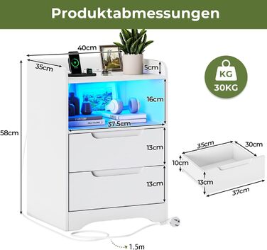 Набір з 2 тумбочок з функцією зарядки та LED, 2 ящики, 1 відділення, білий, 35x40x58см