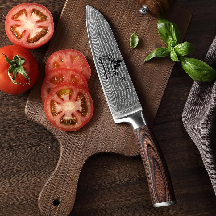Японський ніж Santoku Wakoli EDIB з дамаської сталі (серцевина VG10), 17 см – гострий ніж для кухні та приготування їжі, преміум якість, з дерев'яною ручкою Pakkaholz, подарункова коробка з гравіюванням логотипу