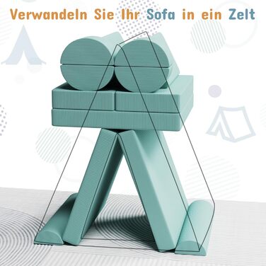 Дитяче ігрове диван-крісло, 15-ти частинний модульний диванчик, розкладний диван для дітей, сертифікат Oeko-TEX®100, диван з пінопласту, для куточка у дитячій кімнаті, велюрова тканина (зелений)
