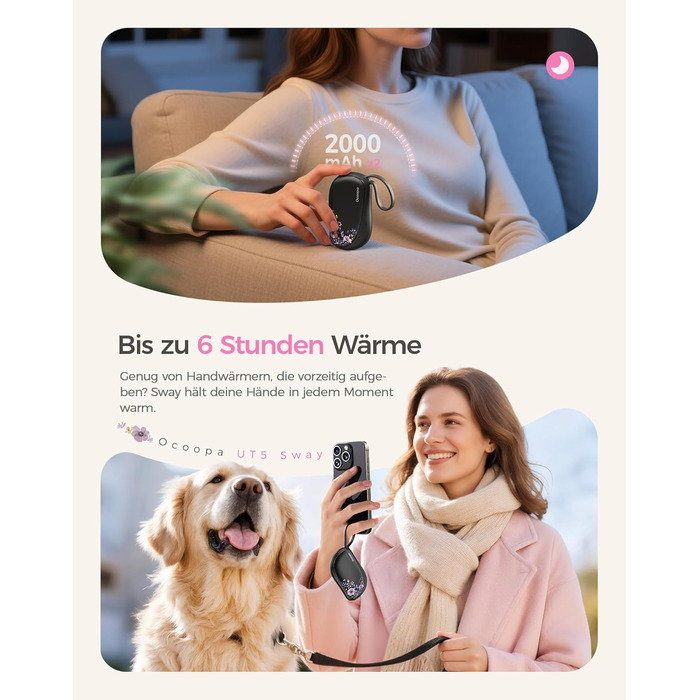 Електричні грілки для рук Ocoopa 2 шт. з дизайном гребінця, багаторазові, 4000mAh, ультратонкі (1.5 см), підходять для рукавичок та кишень, подарунок на Різдво, для жінок, зимові аксесуари, UT5 Sway Wiesengeflüster (Ocoopa x Artist Edition) (Nachtgarten (