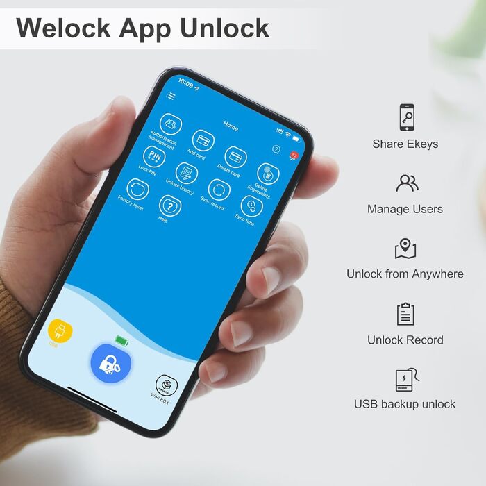 Дверний замок WELOCK Touch41 зі скануванням відбитків пальців, електронний, IP65, RFID, BLE Wi-Fi, для дверей 50-100 мм