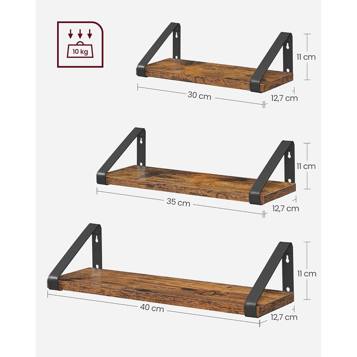 Настінна полиця VASAGLE, 6 шт. у наборі, 30/35/40 см, вінтажний коричневий + матовий чорний, для вітальні, кухні, кабінету, ванної кімнати