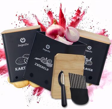 Набір коробок для зберігання картоплі, цибулі та часнику – 3 шт. Металеві овочеві контейнери з картопляницею та очищувачем – чорний колір